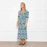Ganni Blue, Green and Pink Plisse Puff Shoulder Midi Dress