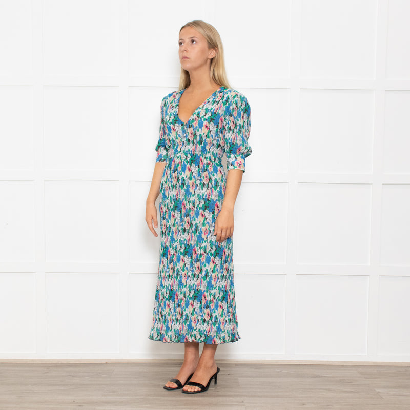 Ganni Blue, Green and Pink Plisse Puff Shoulder Midi Dress