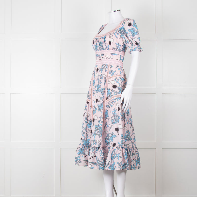 Self-Portrait Pale Pink Blue Floral Lace Trim Short Sleeve Dress
