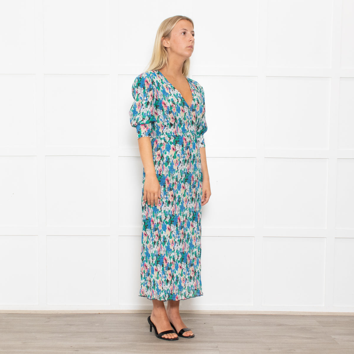 Ganni Blue, Green and Pink Plisse Puff Shoulder Midi Dress