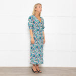Ganni Blue, Green and Pink Plisse Puff Shoulder Midi Dress