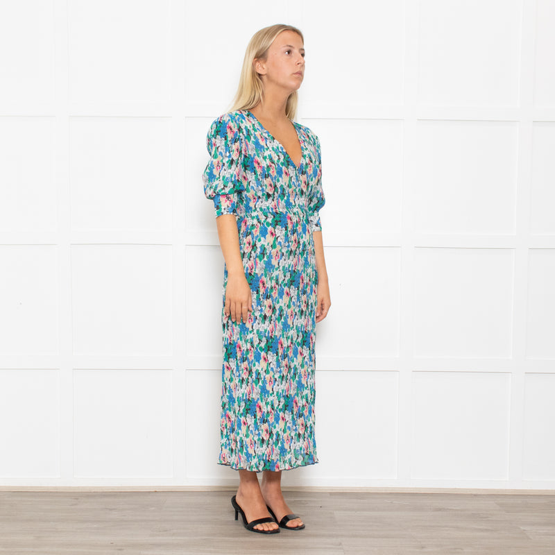 Ganni Blue, Green and Pink Plisse Puff Shoulder Midi Dress