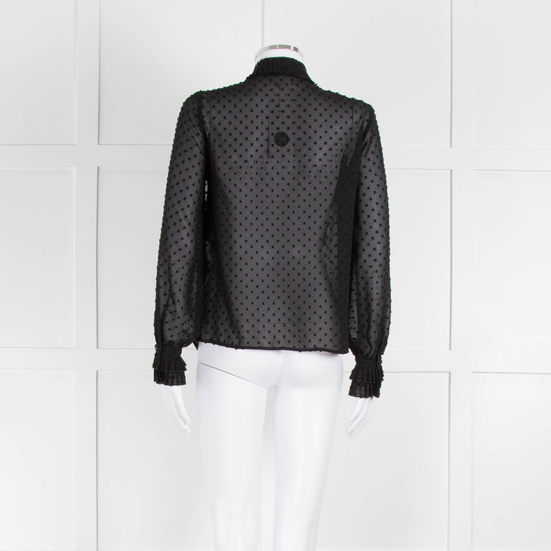 Sezane Black Chiffon Dot Ruffle Detail Blouse