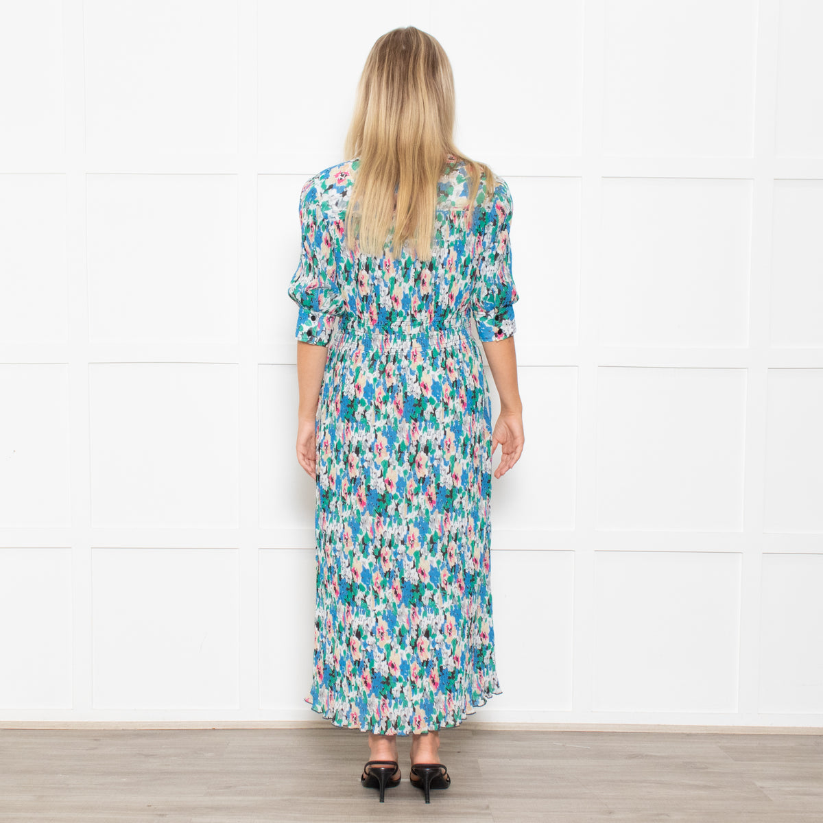 Ganni Blue, Green and Pink Plisse Puff Shoulder Midi Dress