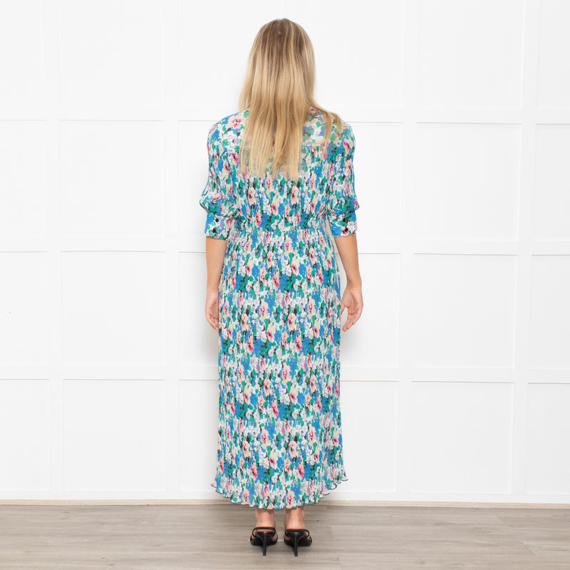 Ganni Blue, Green and Pink Plisse Puff Shoulder Midi Dress
