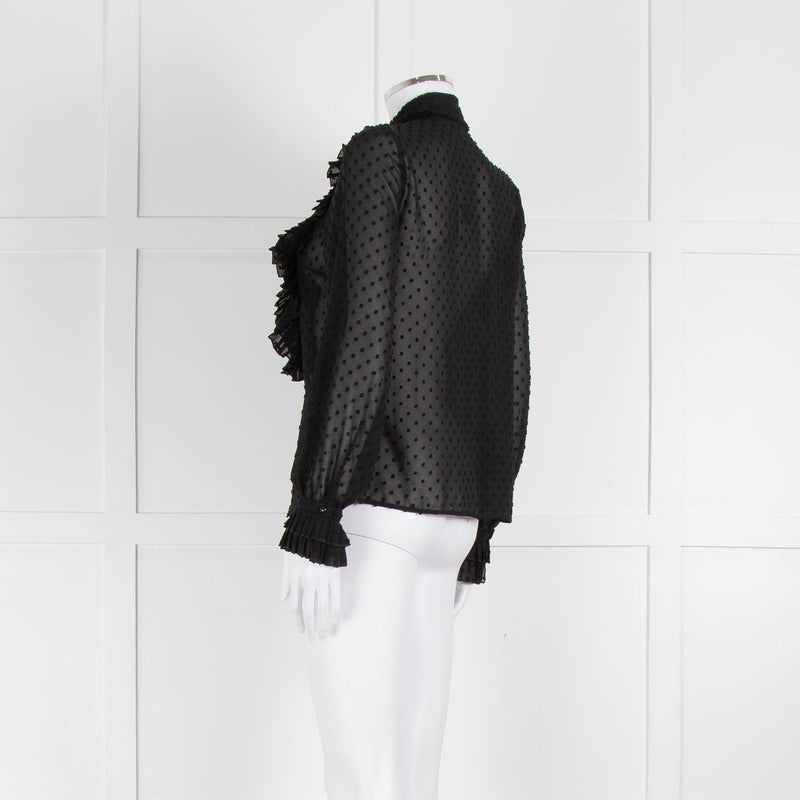 Sezane Black Chiffon Dot Ruffle Detail Blouse