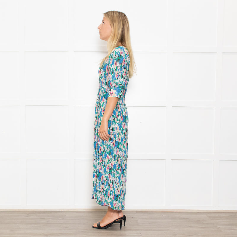 Ganni Blue, Green and Pink Plisse Puff Shoulder Midi Dress