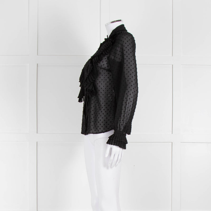Sezane Black Chiffon Dot Ruffle Detail Blouse
