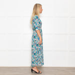 Ganni Blue, Green and Pink Plisse Puff Shoulder Midi Dress