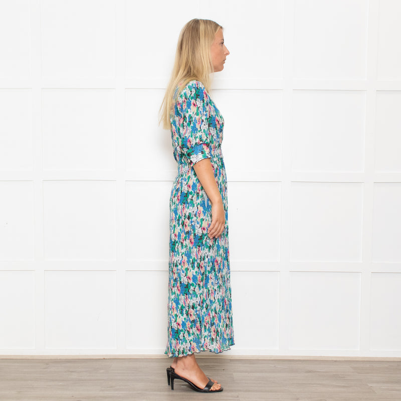 Ganni Blue, Green and Pink Plisse Puff Shoulder Midi Dress