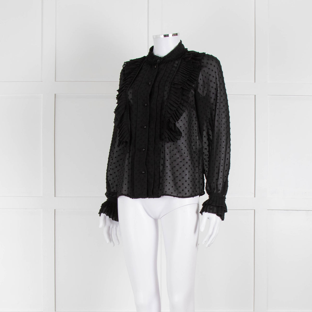 Sezane Black Chiffon Dot Ruffle Detail Blouse
