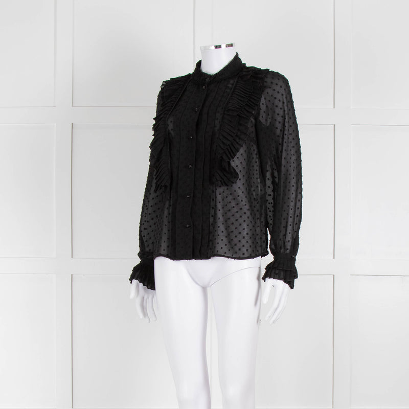 Sezane Black Chiffon Dot Ruffle Detail Blouse