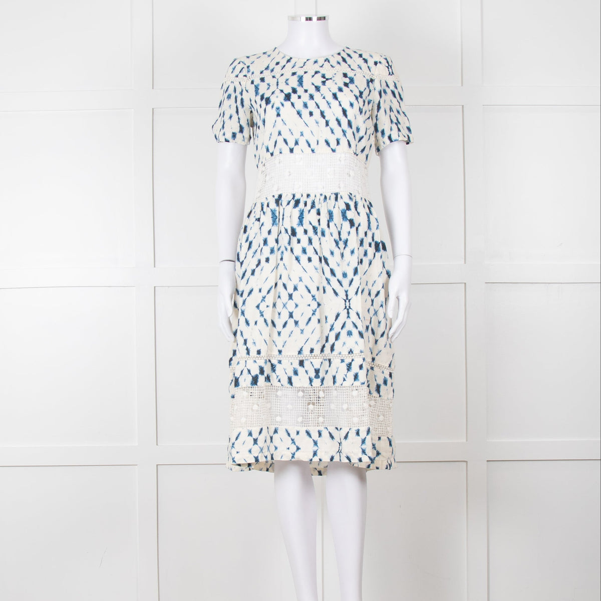 120% Lino Cream Blue Tie Dye Lace Trim Dress
