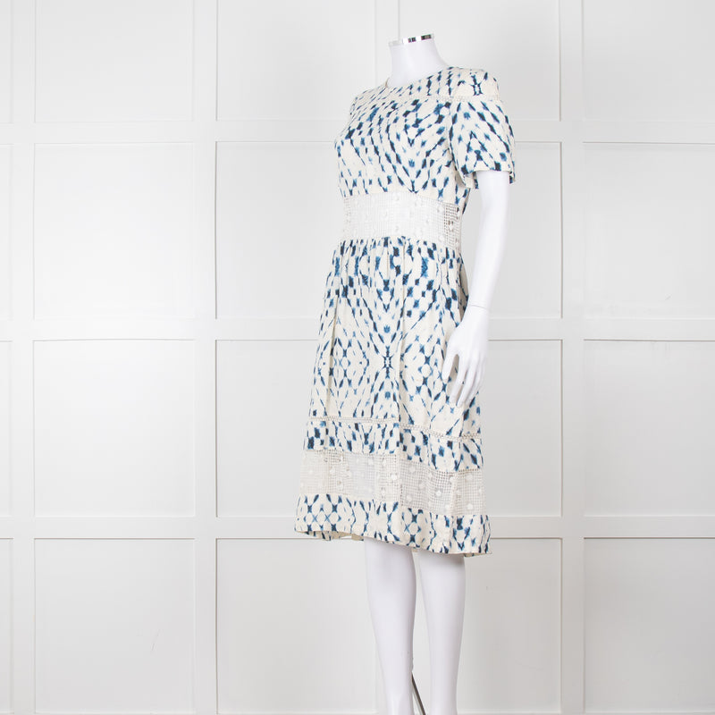 120% Lino Cream Blue Tie Dye Lace Trim Dress