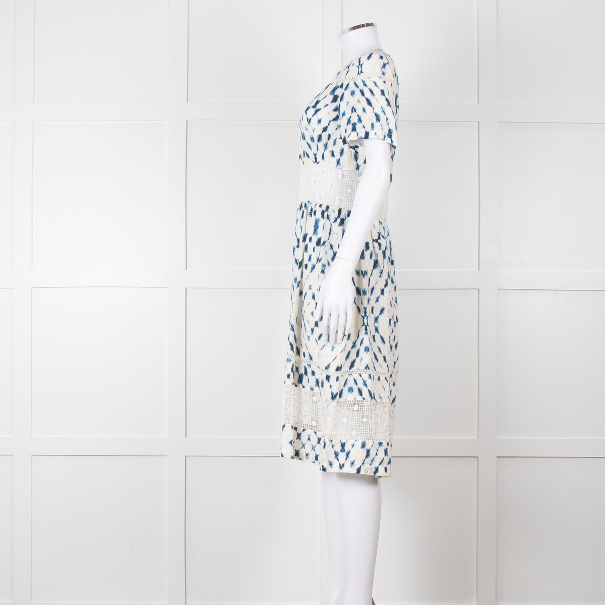 120% Lino Cream Blue Tie Dye Lace Trim Dress