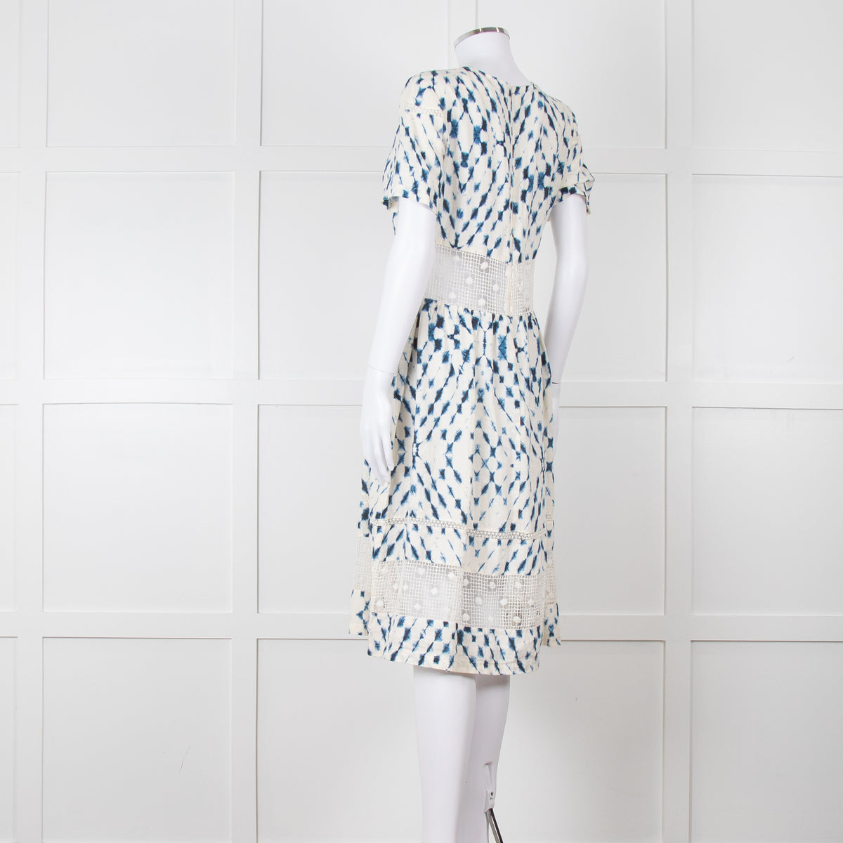 120% Lino Cream Blue Tie Dye Lace Trim Dress