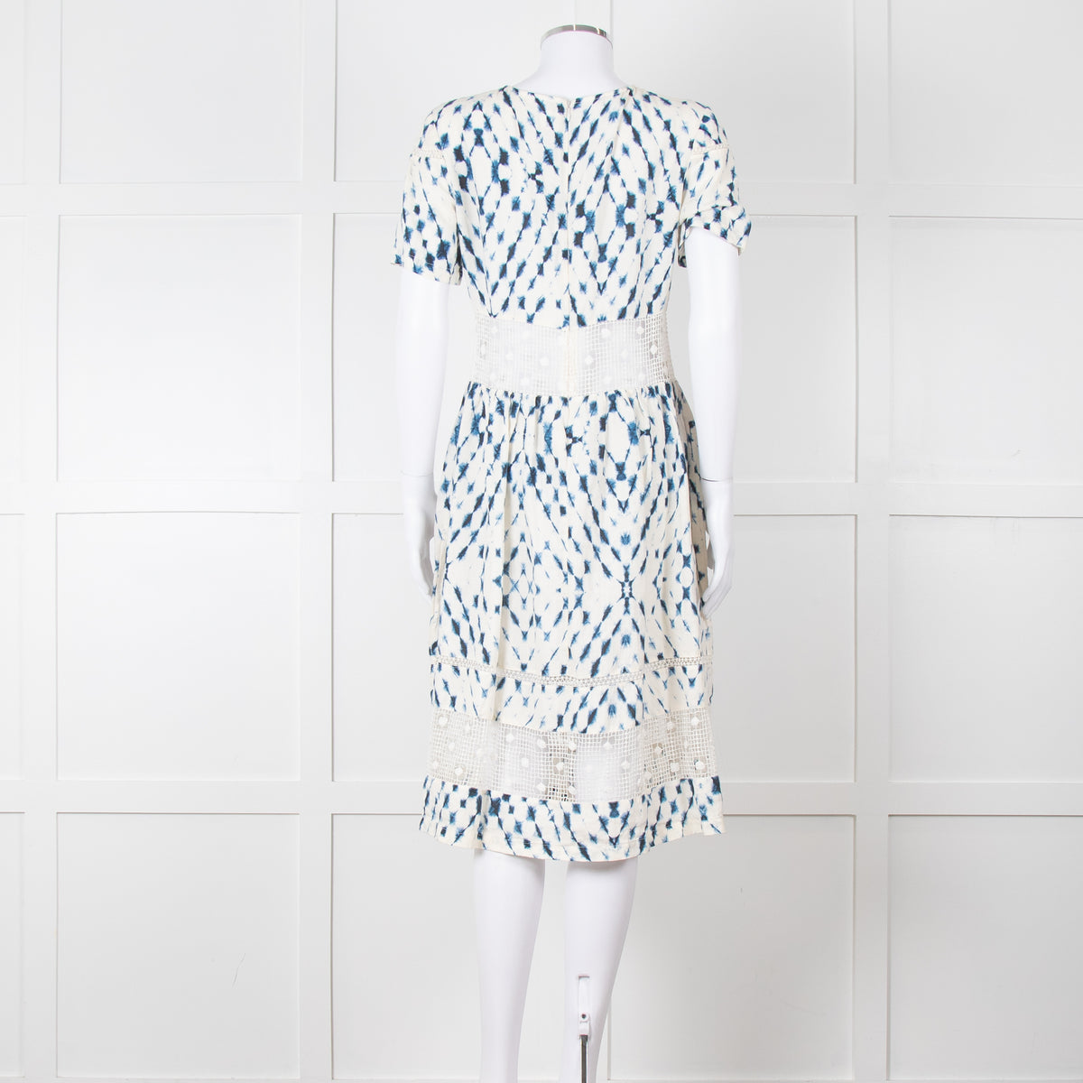 120% Lino Cream Blue Tie Dye Lace Trim Dress