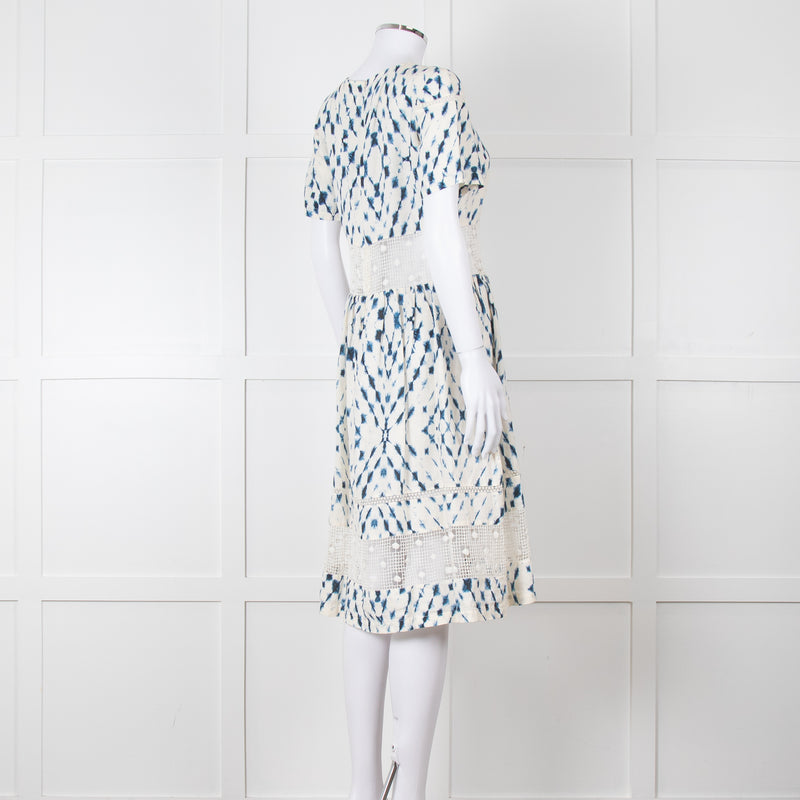 120% Lino Cream Blue Tie Dye Lace Trim Dress