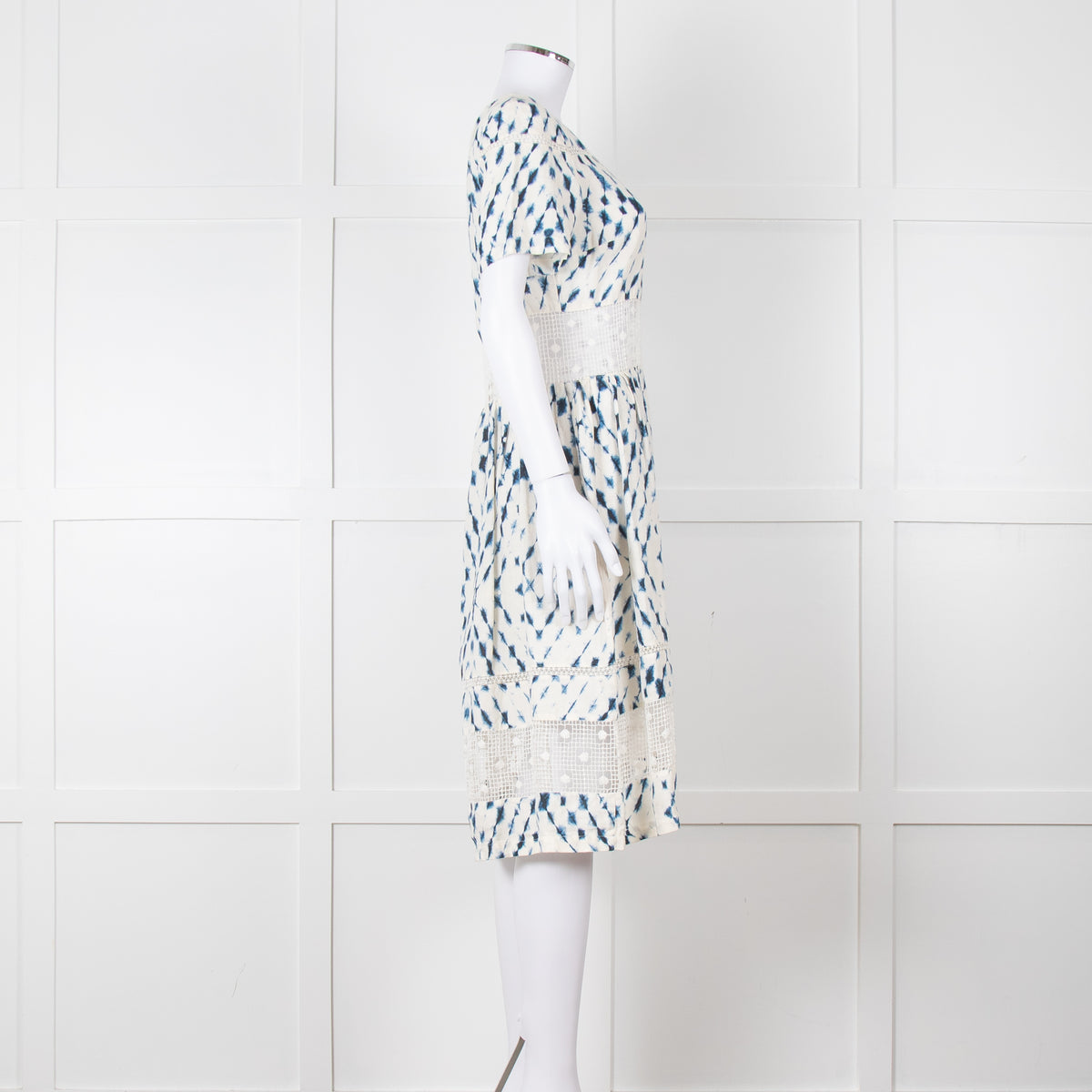 120% Lino Cream Blue Tie Dye Lace Trim Dress