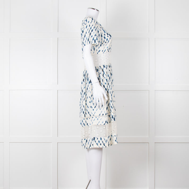 120% Lino Cream Blue Tie Dye Lace Trim Dress