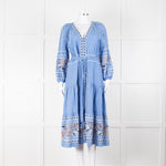 Veronica Beard Light Blue Linen Blend Embroidered Peasant Dress