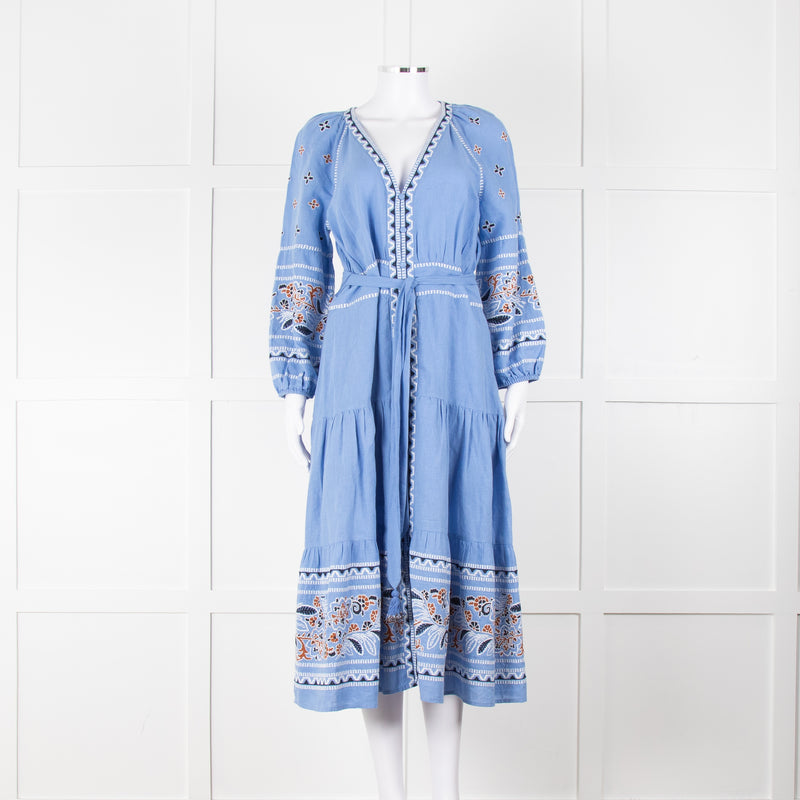 Veronica Beard Light Blue Linen Blend Embroidered Peasant Dress