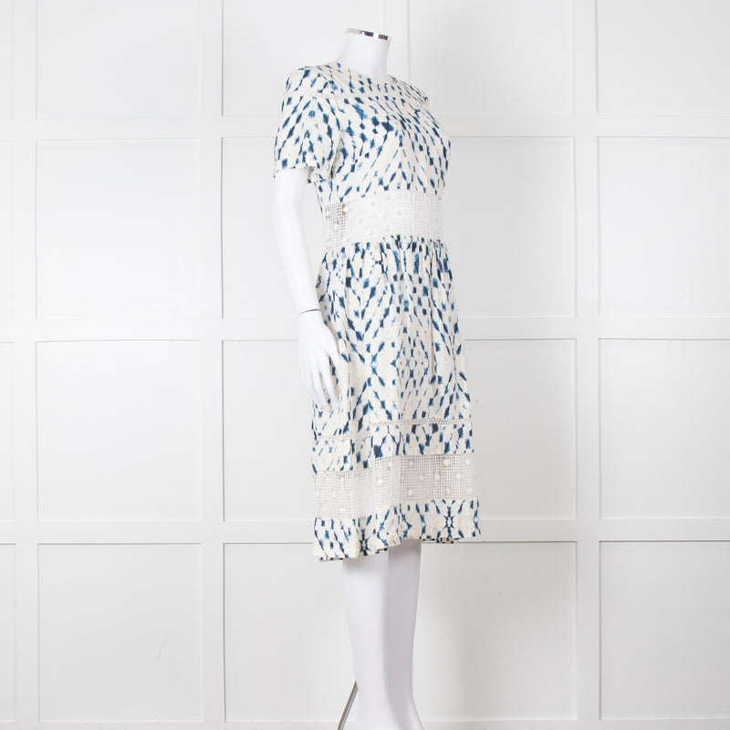120% Lino Cream Blue Tie Dye Lace Trim Dress