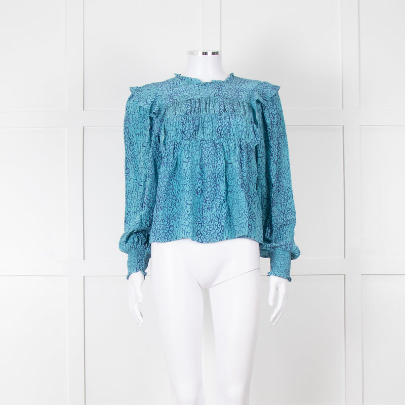 Rails Blue Purple Animal Print Frill Detail Long Sleeve Top