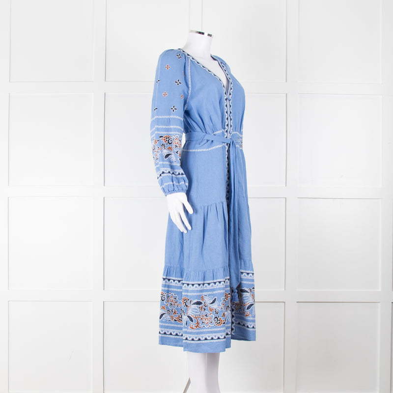 Veronica Beard Light Blue Linen Blend Embroidered Peasant Dress