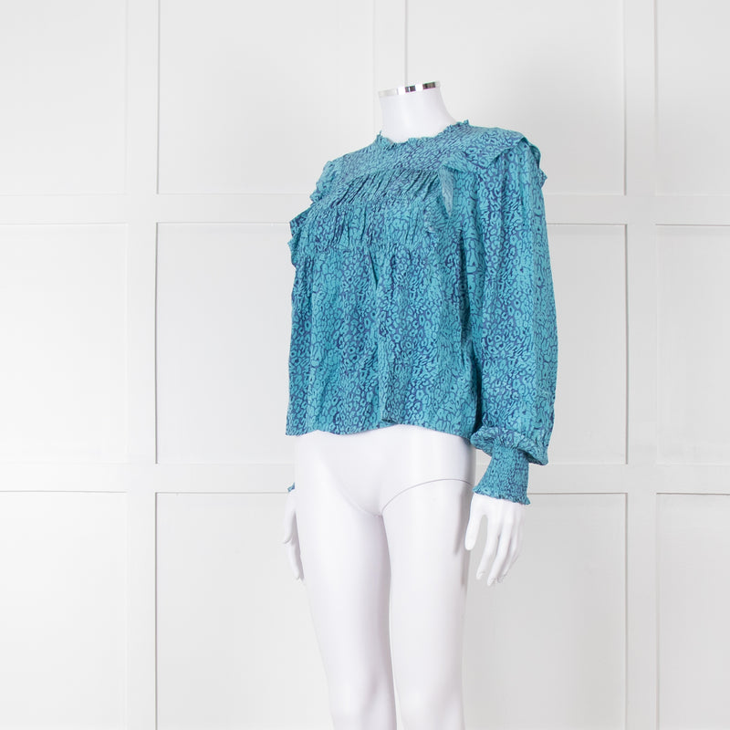 Rails Blue Purple Animal Print Frill Detail Long Sleeve Top
