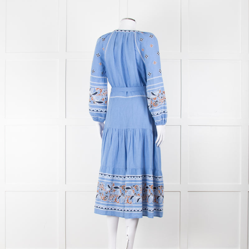 Veronica Beard Light Blue Linen Blend Embroidered Peasant Dress