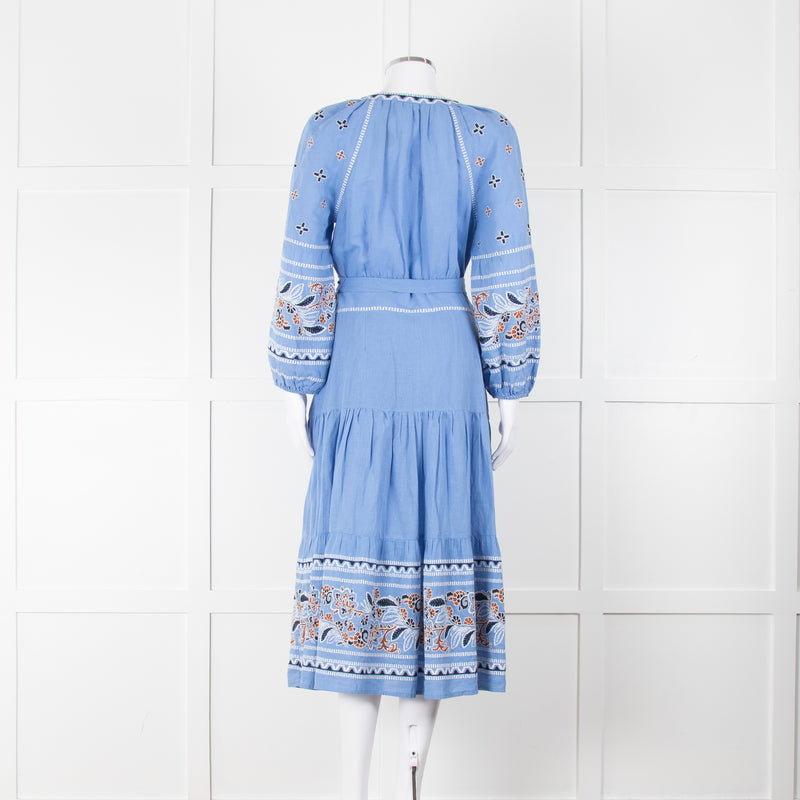 Veronica Beard Light Blue Linen Blend Embroidered Peasant Dress