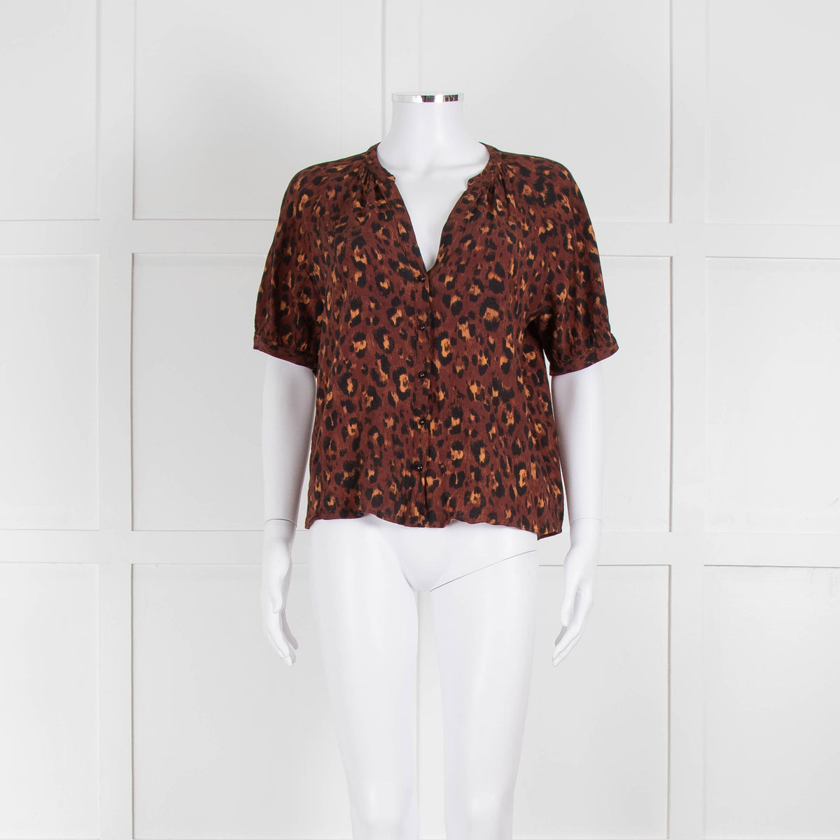 Sezane Brown Orange Leopard Print Short Sleeve Blouse