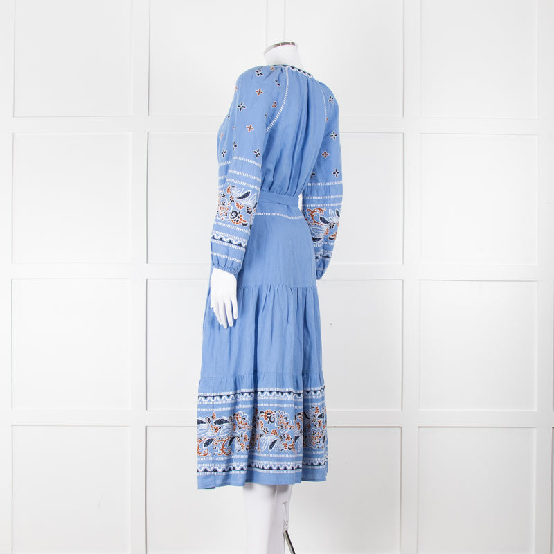 Veronica Beard Light Blue Linen Blend Embroidered Peasant Dress