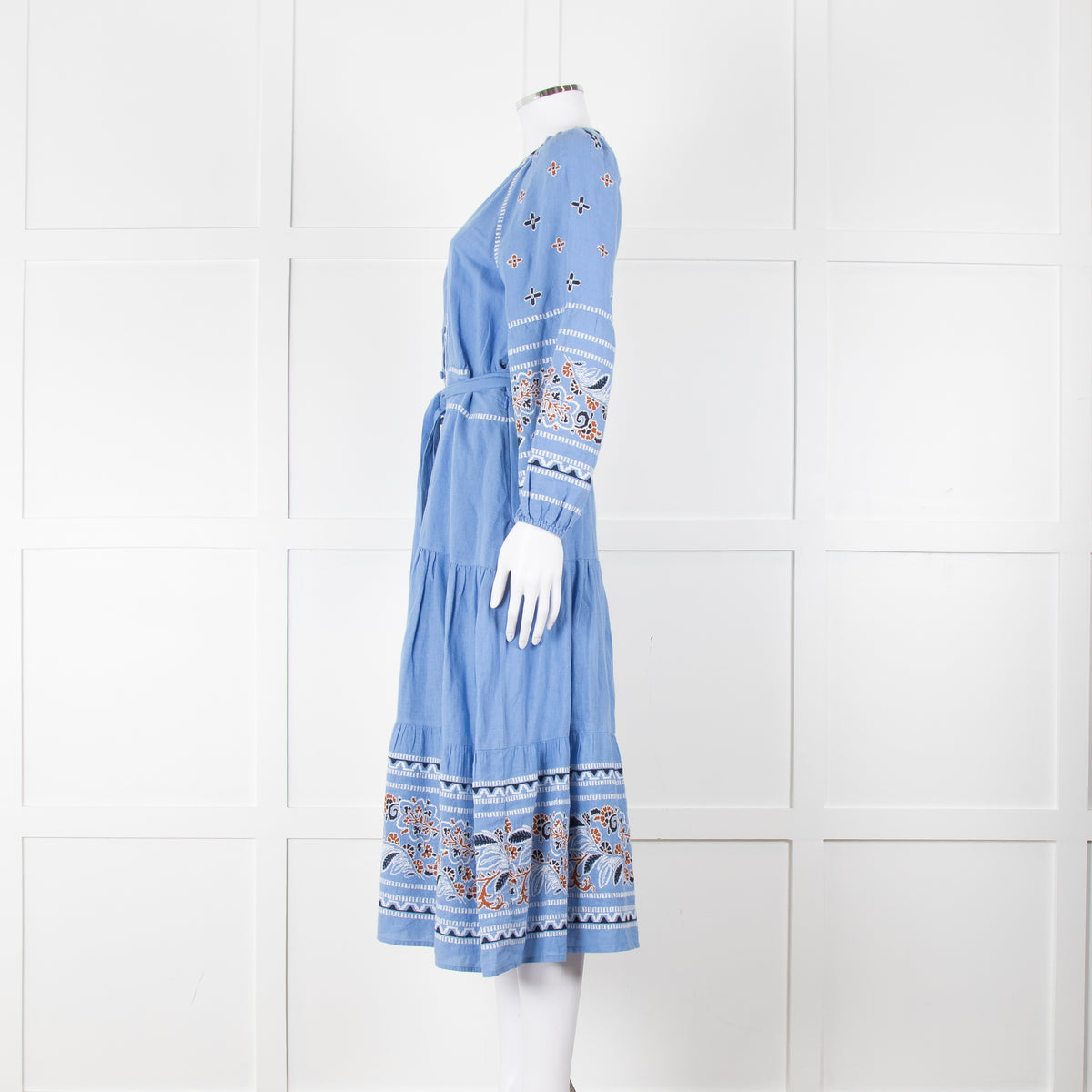 Veronica Beard Light Blue Linen Blend Embroidered Peasant Dress
