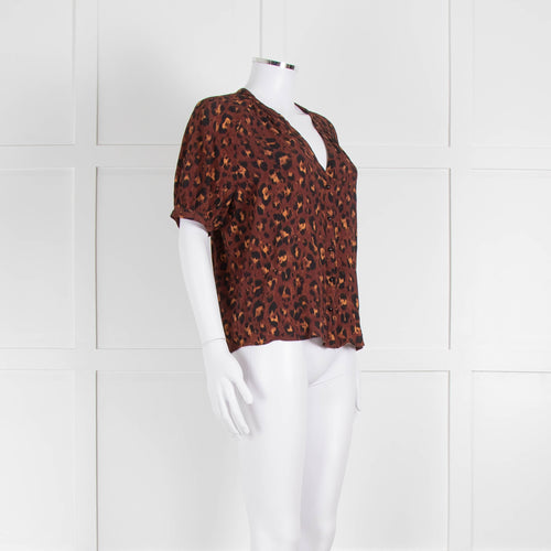 Sezane Brown Orange Leopard Print Short Sleeve Blouse