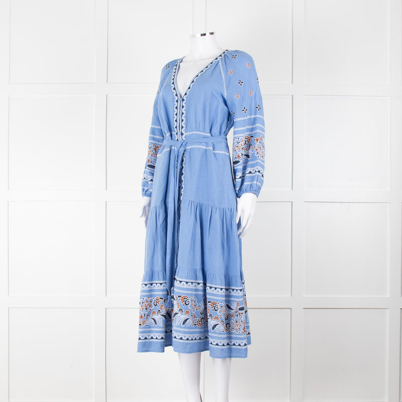 Veronica Beard Light Blue Linen Blend Embroidered Peasant Dress