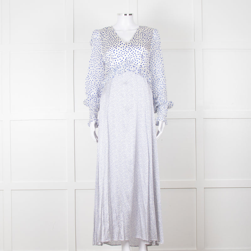 Jessica Russell Flint White Blue Dots Maxi Silk Dress