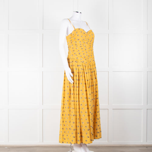 Tory Burch Yellow Floral Embroidered Cotton Sleeveless Dress