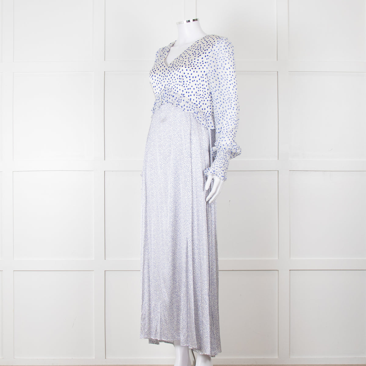 Jessica Russell Flint White Blue Dots Maxi Silk Dress