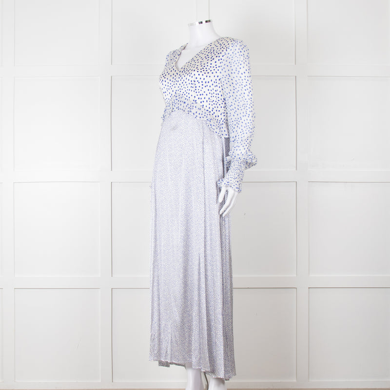 Jessica Russell Flint White Blue Dots Maxi Silk Dress