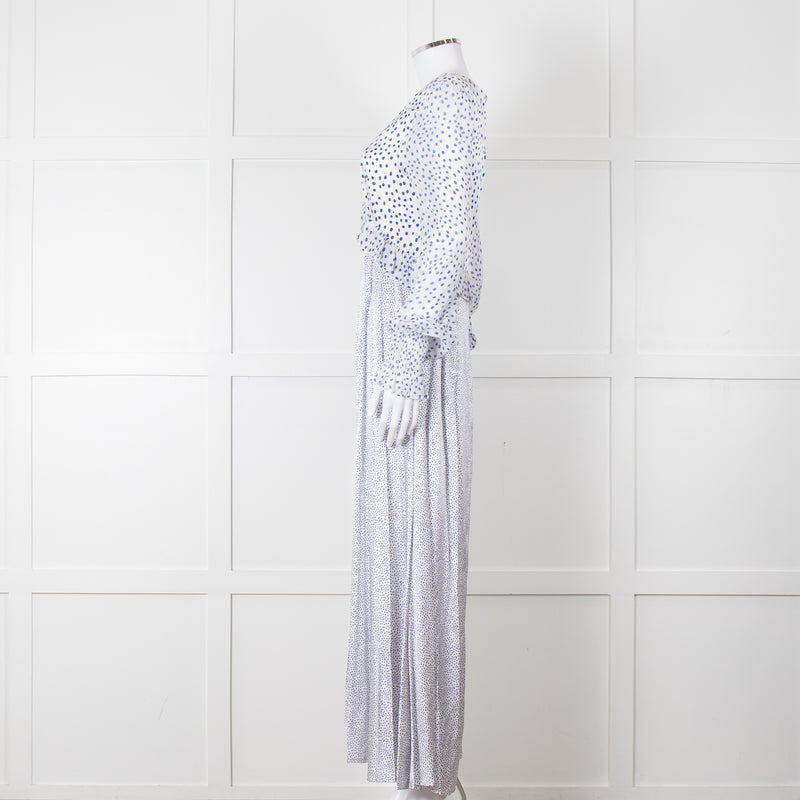 Jessica Russell Flint White Blue Dots Maxi Silk Dress