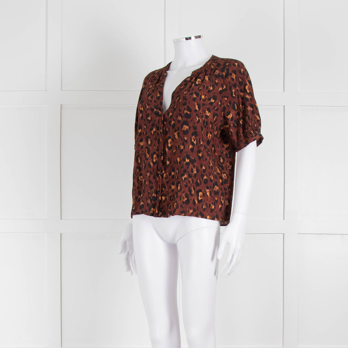 Sezane Brown Orange Leopard Print Short Sleeve Blouse