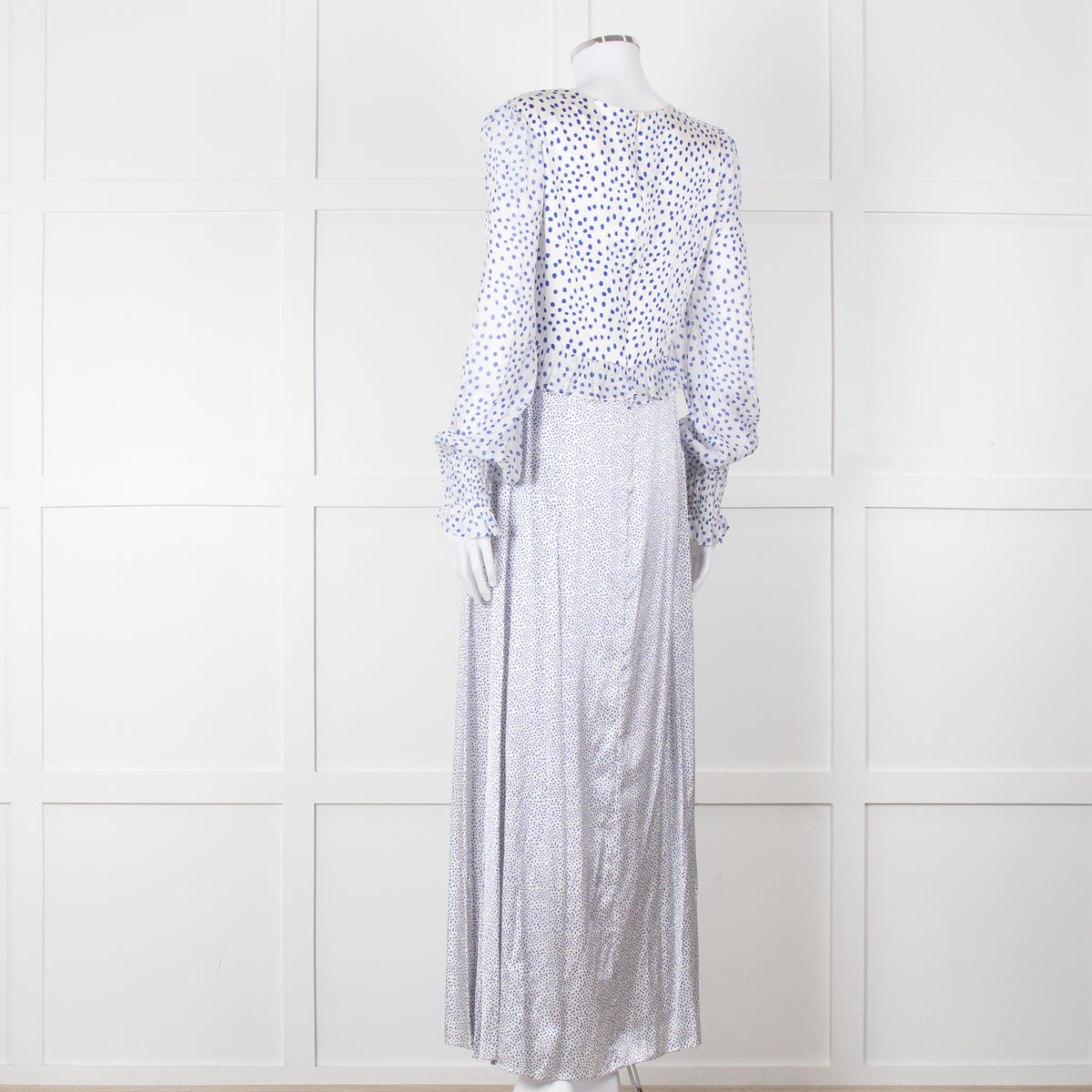 Jessica Russell Flint White Blue Dots Maxi Silk Dress
