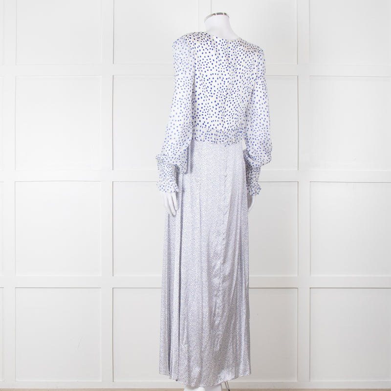 Jessica Russell Flint White Blue Dots Maxi Silk Dress