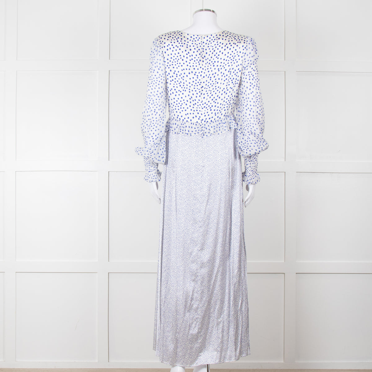 Jessica Russell Flint White Blue Dots Maxi Silk Dress