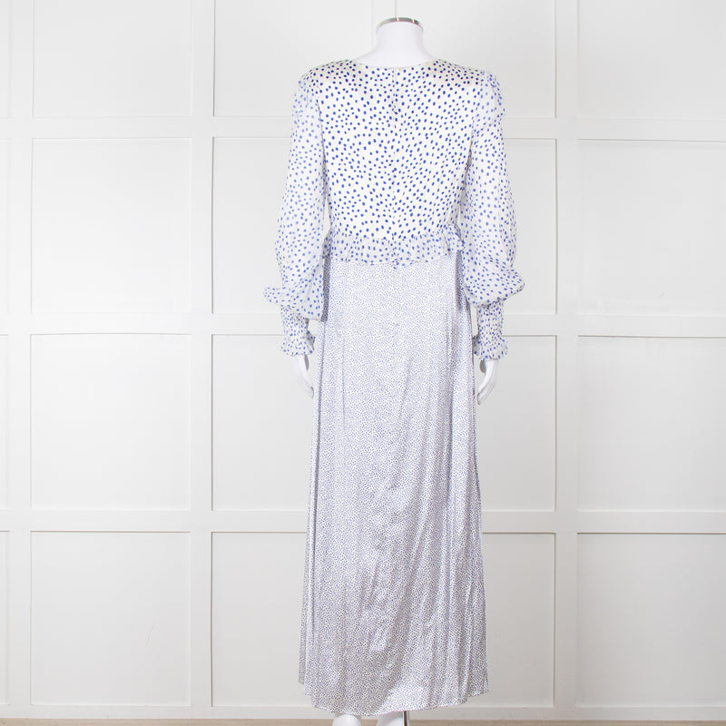 Jessica Russell Flint White Blue Dots Maxi Silk Dress