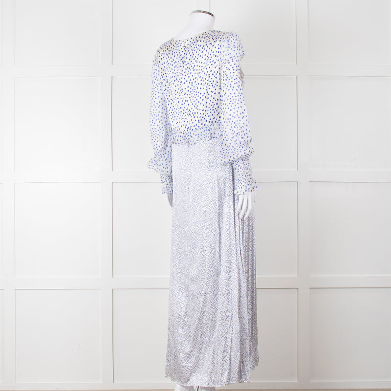 Jessica Russell Flint White Blue Dots Maxi Silk Dress
