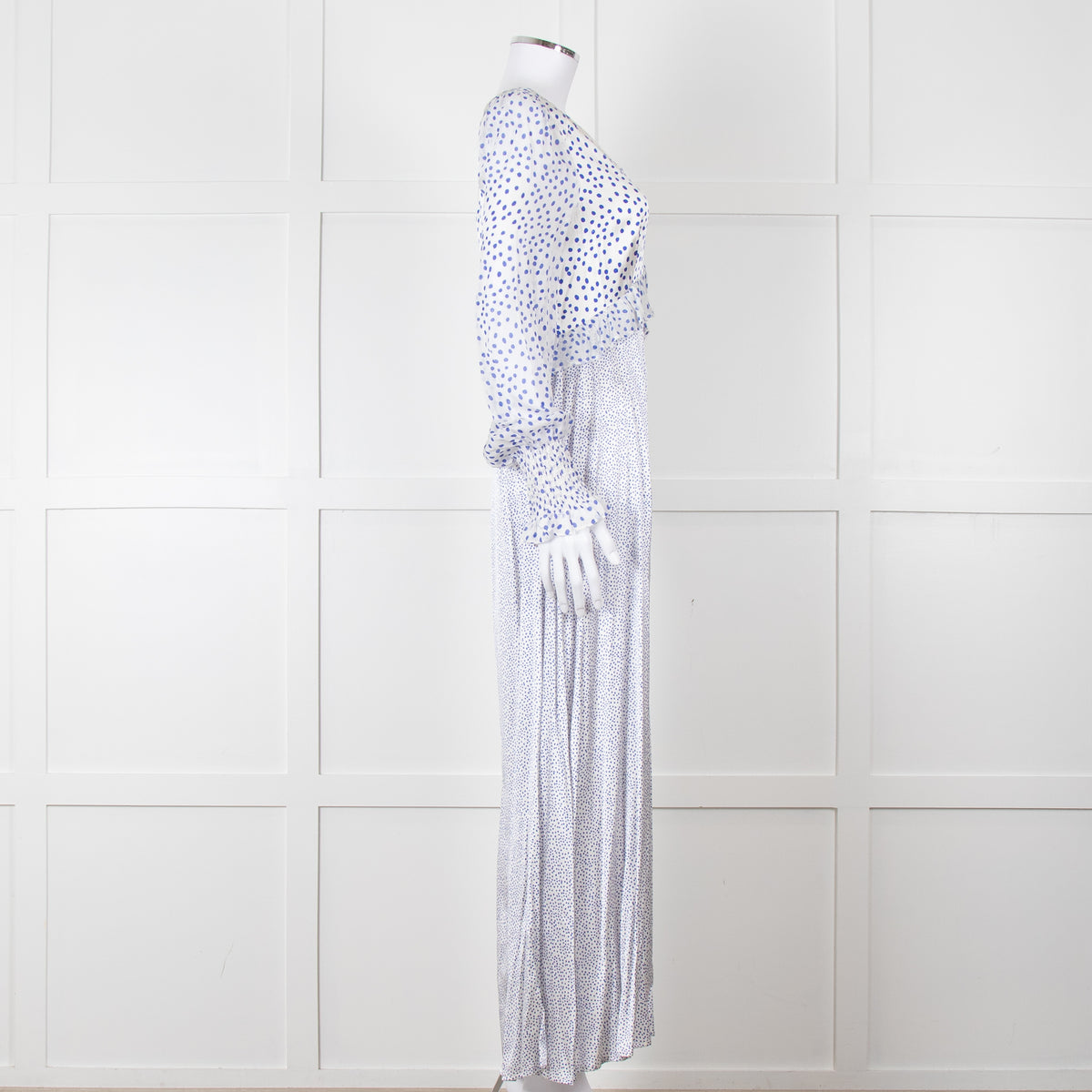 Jessica Russell Flint White Blue Dots Maxi Silk Dress