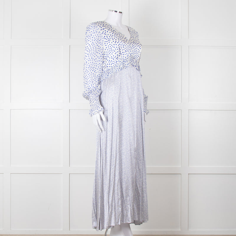 Jessica Russell Flint White Blue Dots Maxi Silk Dress